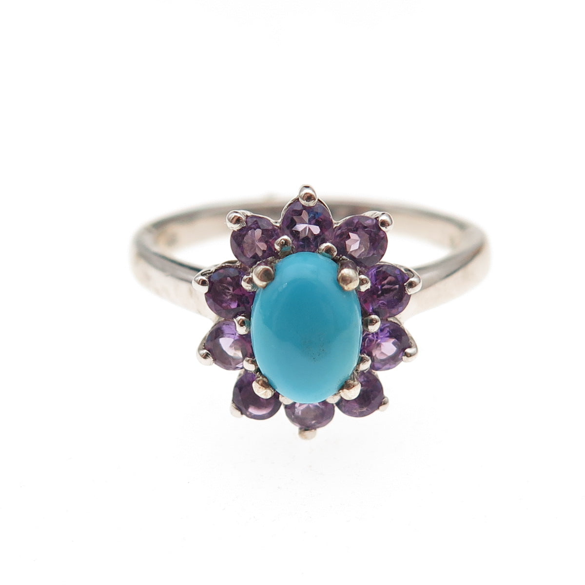 Chuck Clemency 925 Sterling Silver Real Turquoise & Amethyst Floral Ring Size 7