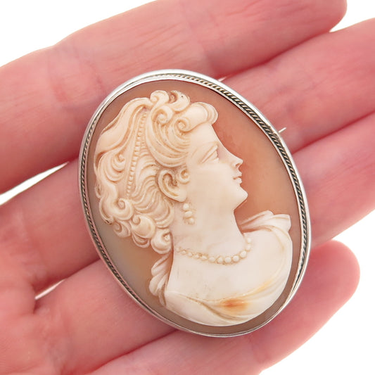 900 Silver Antique Art Deco Real MOP Lady Cameo Pin Brooch / Pendant