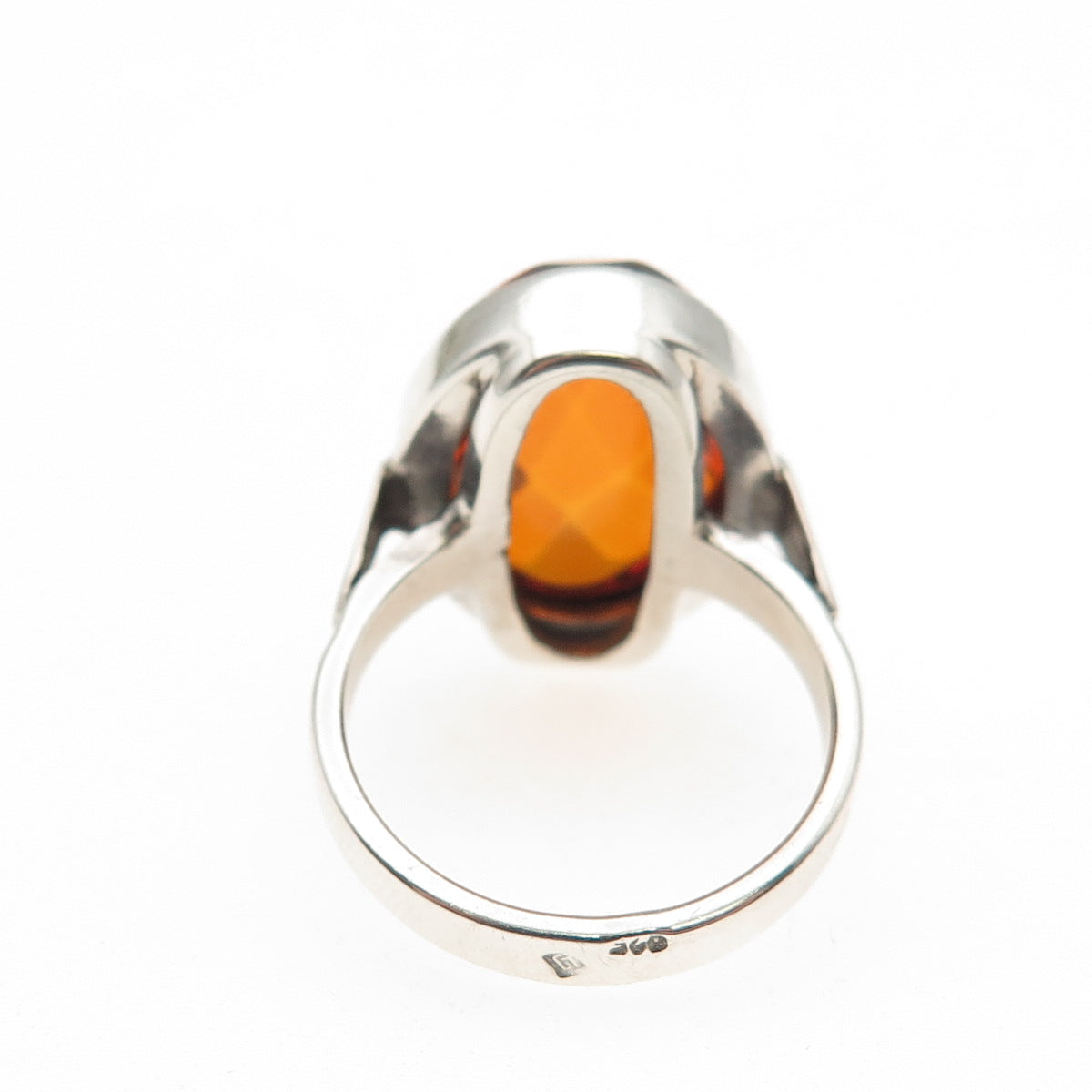 925 Sterling Silver Vintage LJ Poland Real Amber Modernist Ring Size 6.25
