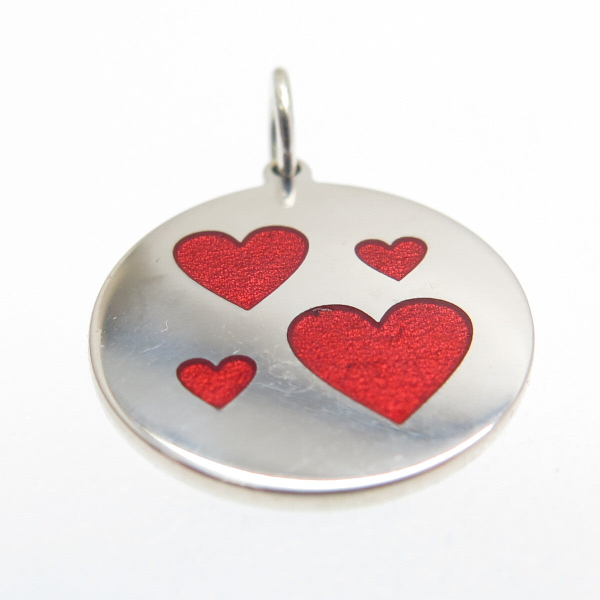 925 Sterling Silver Red Enamel Family Heart Round Tag Minimalist Charm Pendant