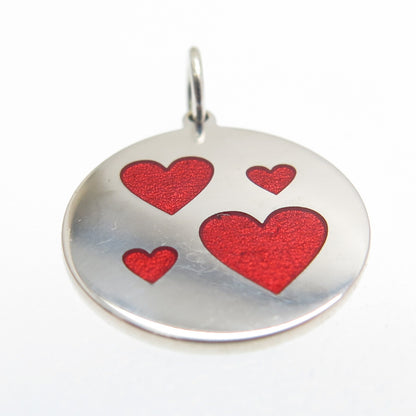 925 Sterling Silver Red Enamel Family Heart Round Tag Minimalist Charm Pendant
