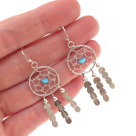 Old Pawn 925 Sterling Silver Vintage Turquoise Dreamcatcher Dangle Earrings