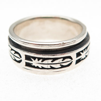 925 Sterling Silver Vintage Feather Oxidized Rotating Band Ring Size 9.75