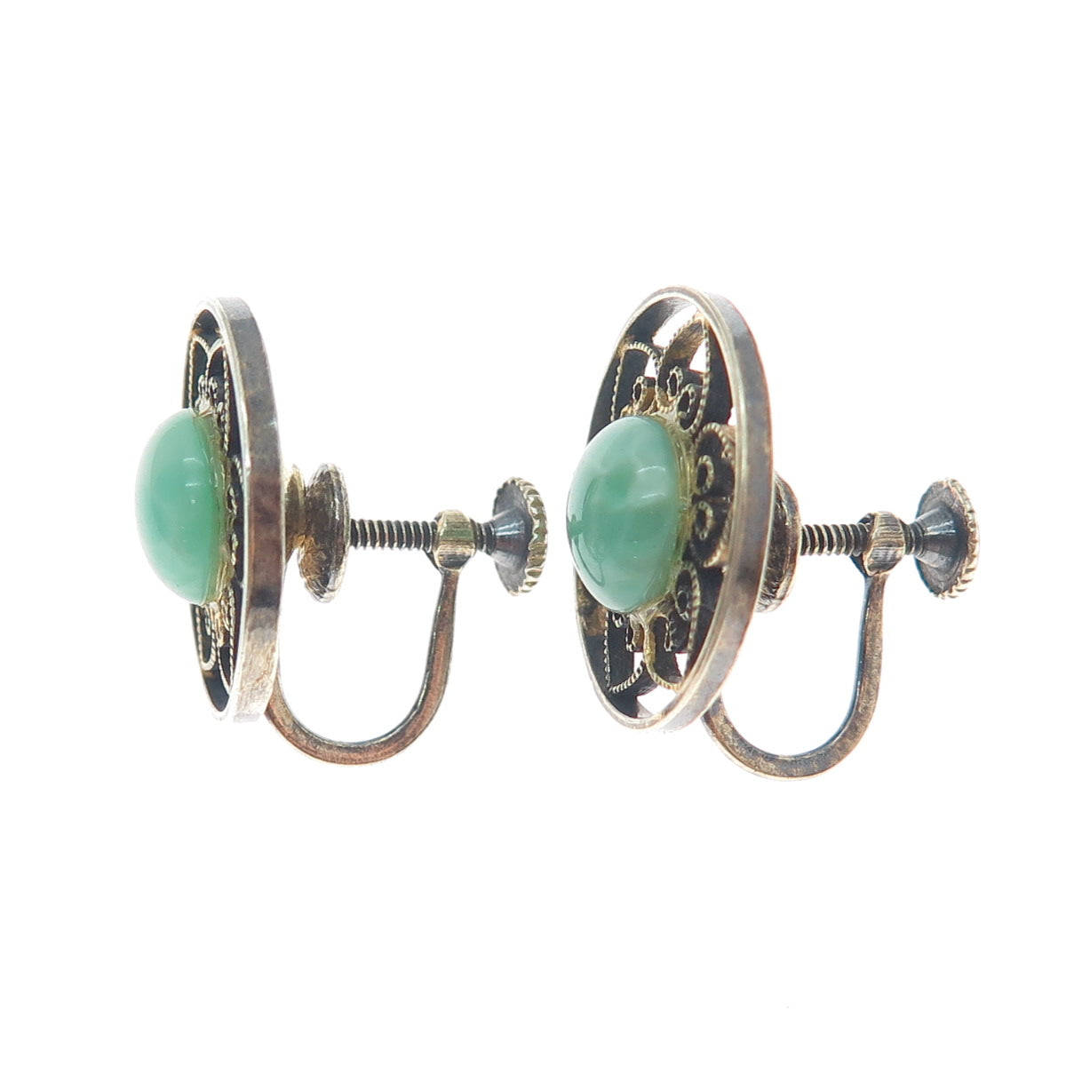 925 Sterling Silver Gold Plated Antique Real Agate Filigree Screw Back Earrings