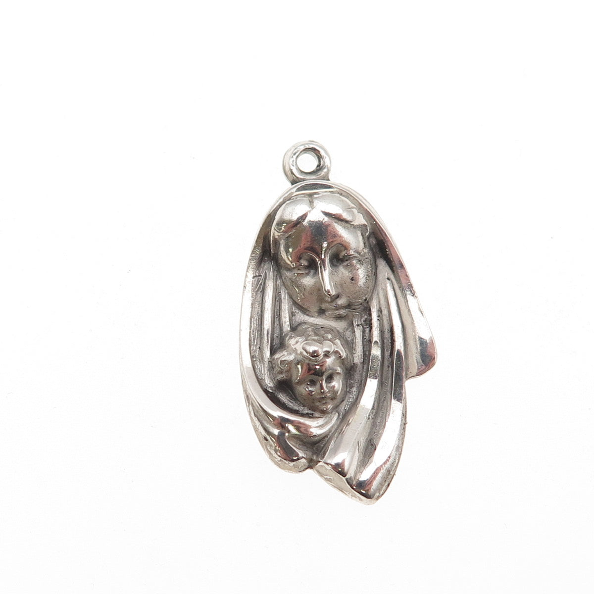 925 Sterling Silver Vintage St. Mary & Jesus Oxidized Charm Pendant