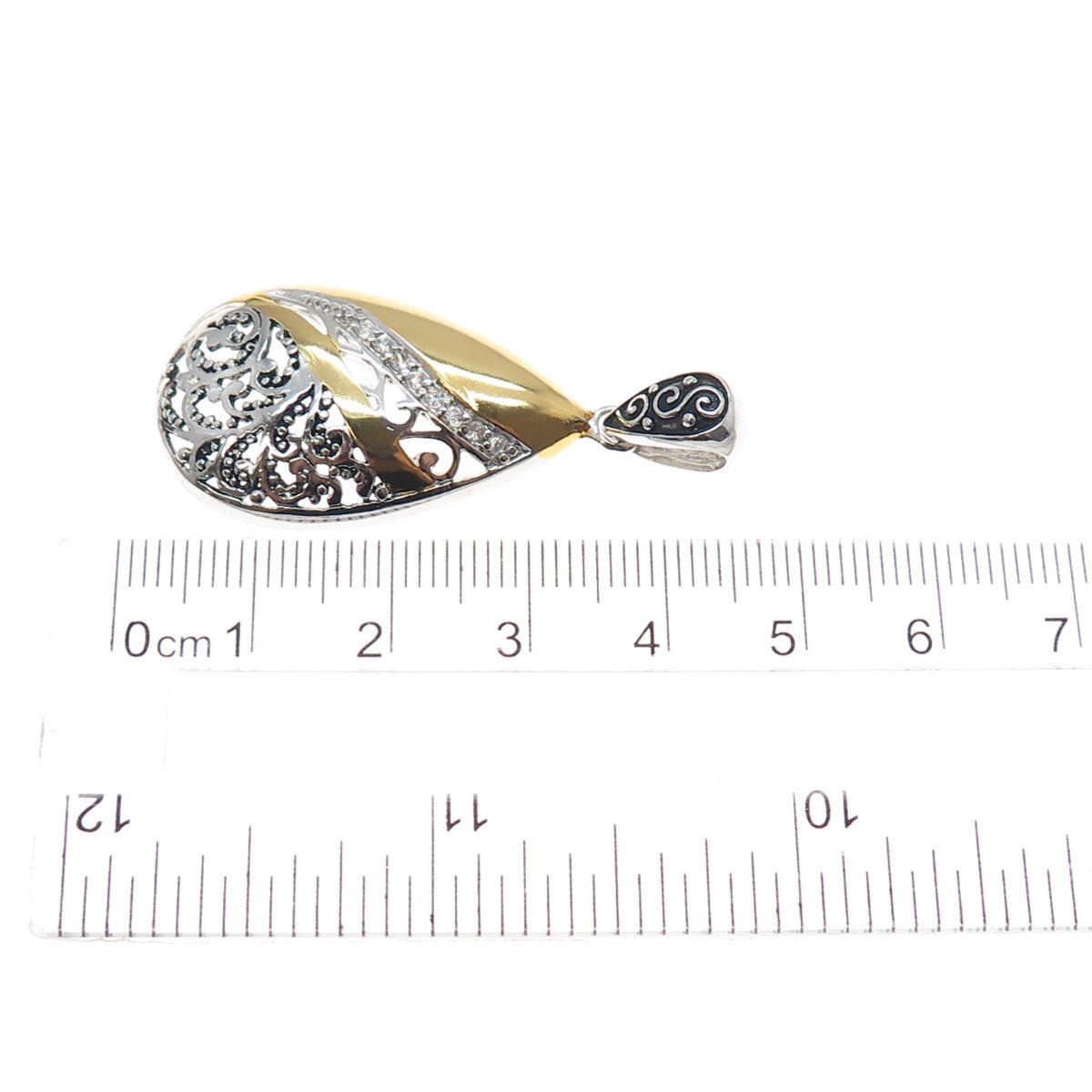 925 Sterling Silver 2-Tone Round-Cut C Z Granulated Teardrop Charm Pendant
