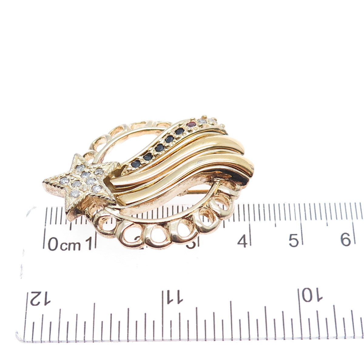 925 Sterling Silver Gold Plated Vintage Real Diamond Sapphire & Ruby Star Brooch