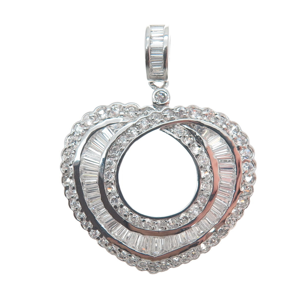 925 Sterling Silver Round & Tapered Baguette C Z Heart Pendant