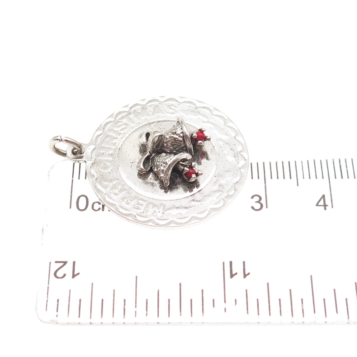 ELCO 925 Sterling Silver Vintage Rhinestone Engraved Merry Christmas Pendant