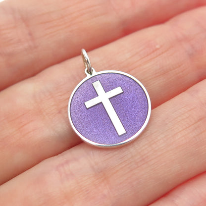 925 Sterling Silver Purple Enamel Cross Round Tag Minimalist Charm Pendant