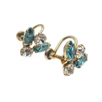 1/20 12K Gold Filled Antique P & F White Blue Rhinestone Bee Screw Back Earrings