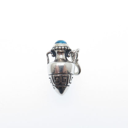 KABANA 925 Sterling Silver Vintage Real Blue Topaz Greek Maze Vase Mini Pendant