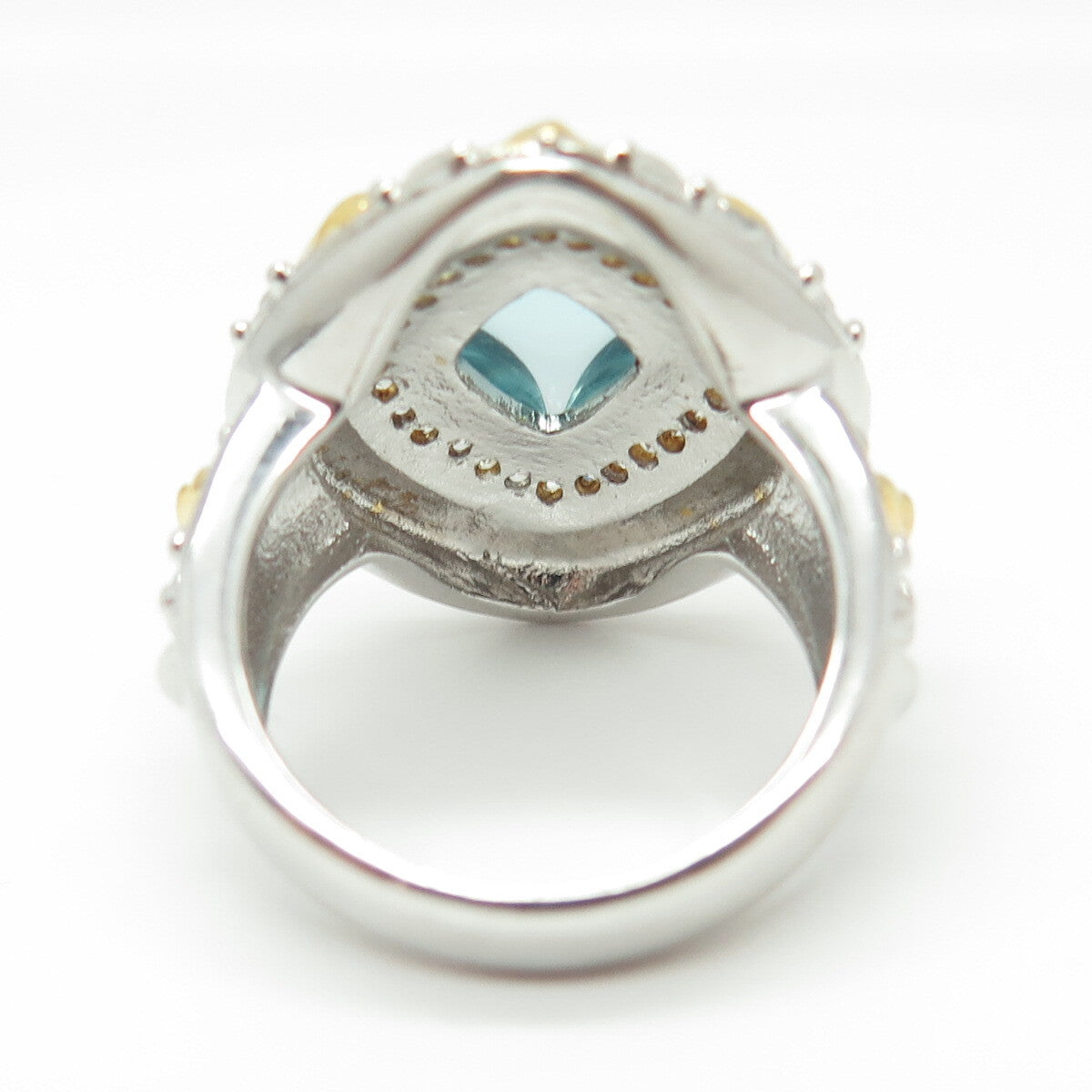 925 Sterling Silver 2-Tone Blue Glass & C Z Statement Ring Size 7