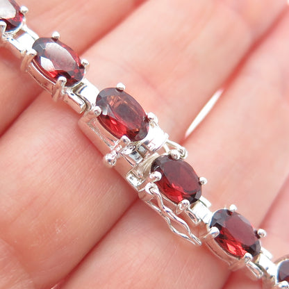 925 Sterling Silver Vintage Real Oval-Cut Red Garnet Tennis Link Bracelet 8"