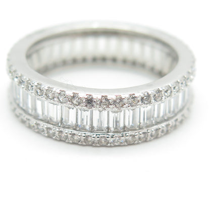 925 Sterling Silver Emerald & Round-Cut C Z All Around Eternity Ring Size 7.25