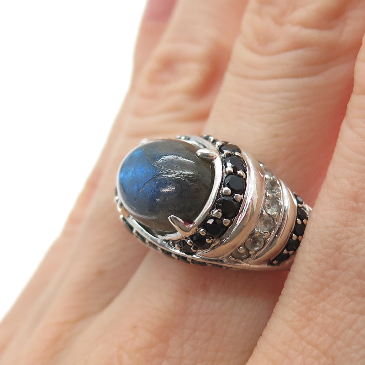 925 Sterling Silver Real Labradorite Black Spinel & White Topaz Ring Size 9