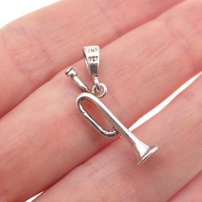 925 Sterling Silver Vintage Trumpet Music Instrument 3D Charm Pendant