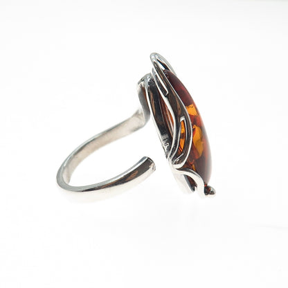 925 Sterling Silver Vintage Real Amber Modernist Adjustable Ring Size 8.75