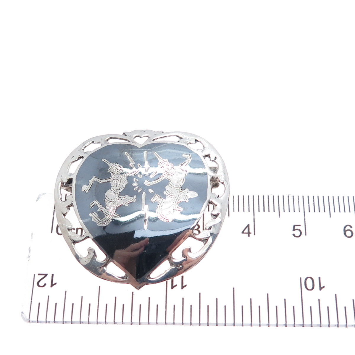 925 Sterling Silver Antique Siam Niello Hindu Goddess Heart Pin Brooch