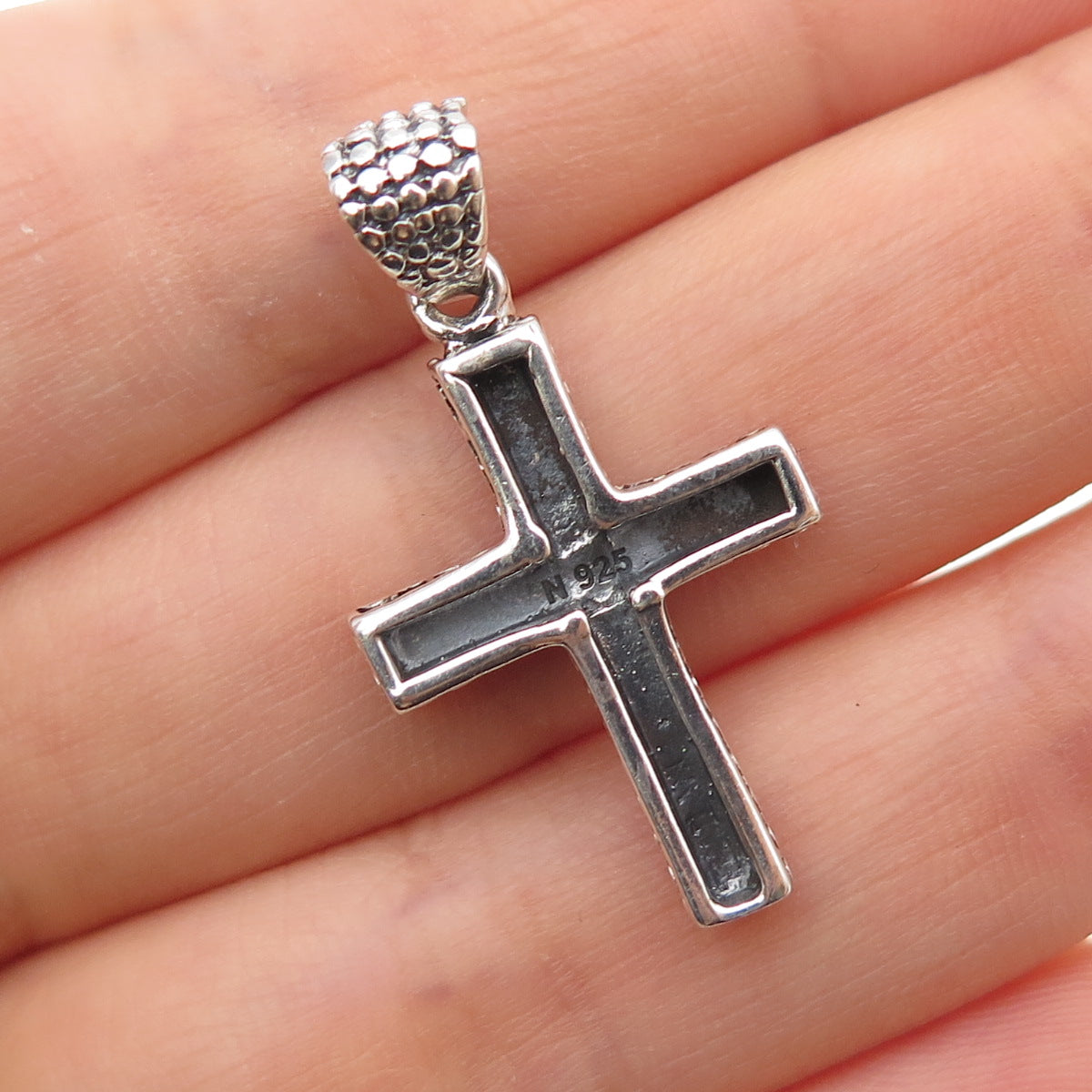 925 Sterling Silver Vintage Granulated Cross Oxidized Charm Pendant