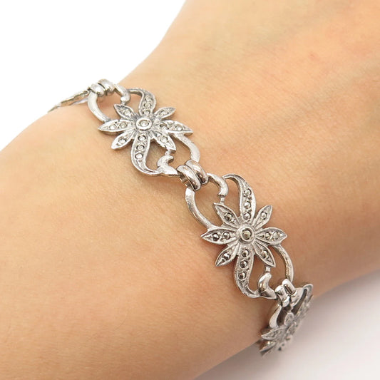 925 Sterling Silver Vintage Real Marcasite Gemstone Floral Link Bracelet 6.75"