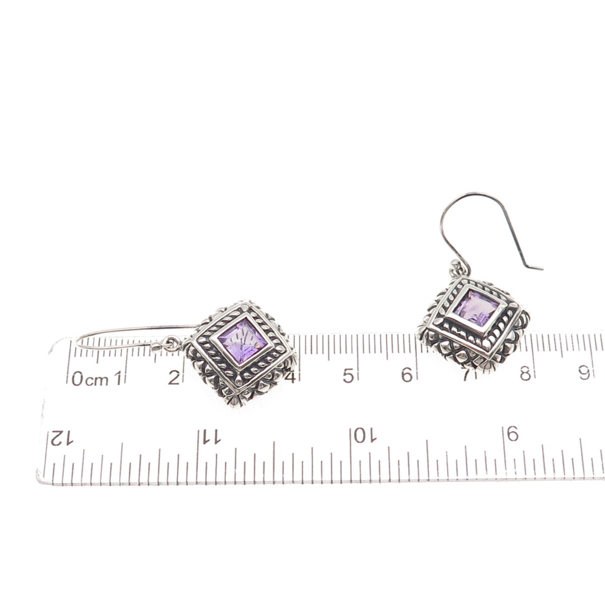 925 Sterling Silver Vintage Real Amethyst Oxidized Dangle Earrings