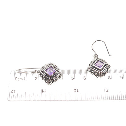 925 Sterling Silver Vintage Real Amethyst Oxidized Dangle Earrings