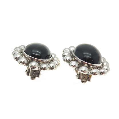 925 Sterling Silver Vintage Mexico Real Black Onyx Beaded Clip On Earrings