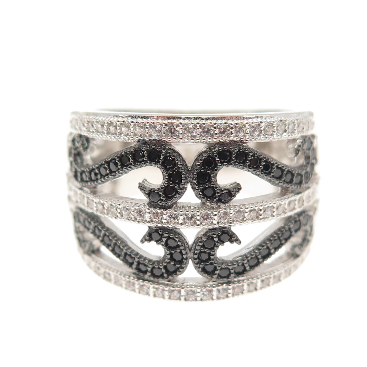 925 Sterling Silver Round-Cut Black & White C Z Heart Swirl Ring Size 7