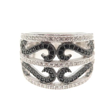 925 Sterling Silver Round-Cut Black & White C Z Heart Swirl Ring Size 7