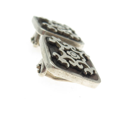 925 Sterling Silver Vintage Wood Floral Ornate Clip On Earrings