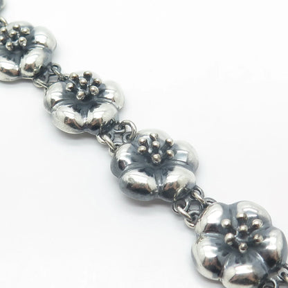 925 Sterling Silver Vintage CII Mexico Floral Link Bracelet 7.5"