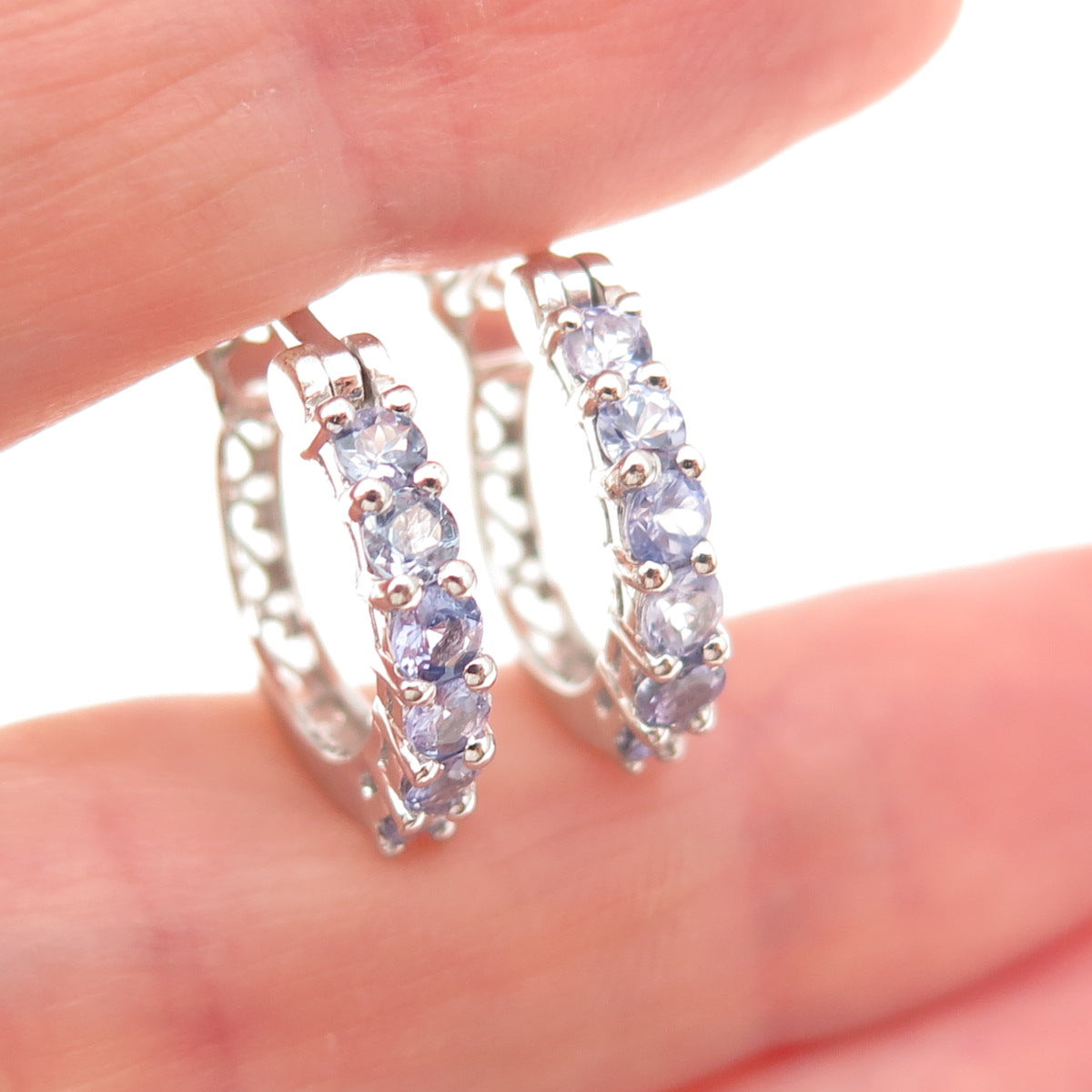 Chuck Clemency 925 Sterling Silver Real Round-Cut Tanzanite Hoop Earrings