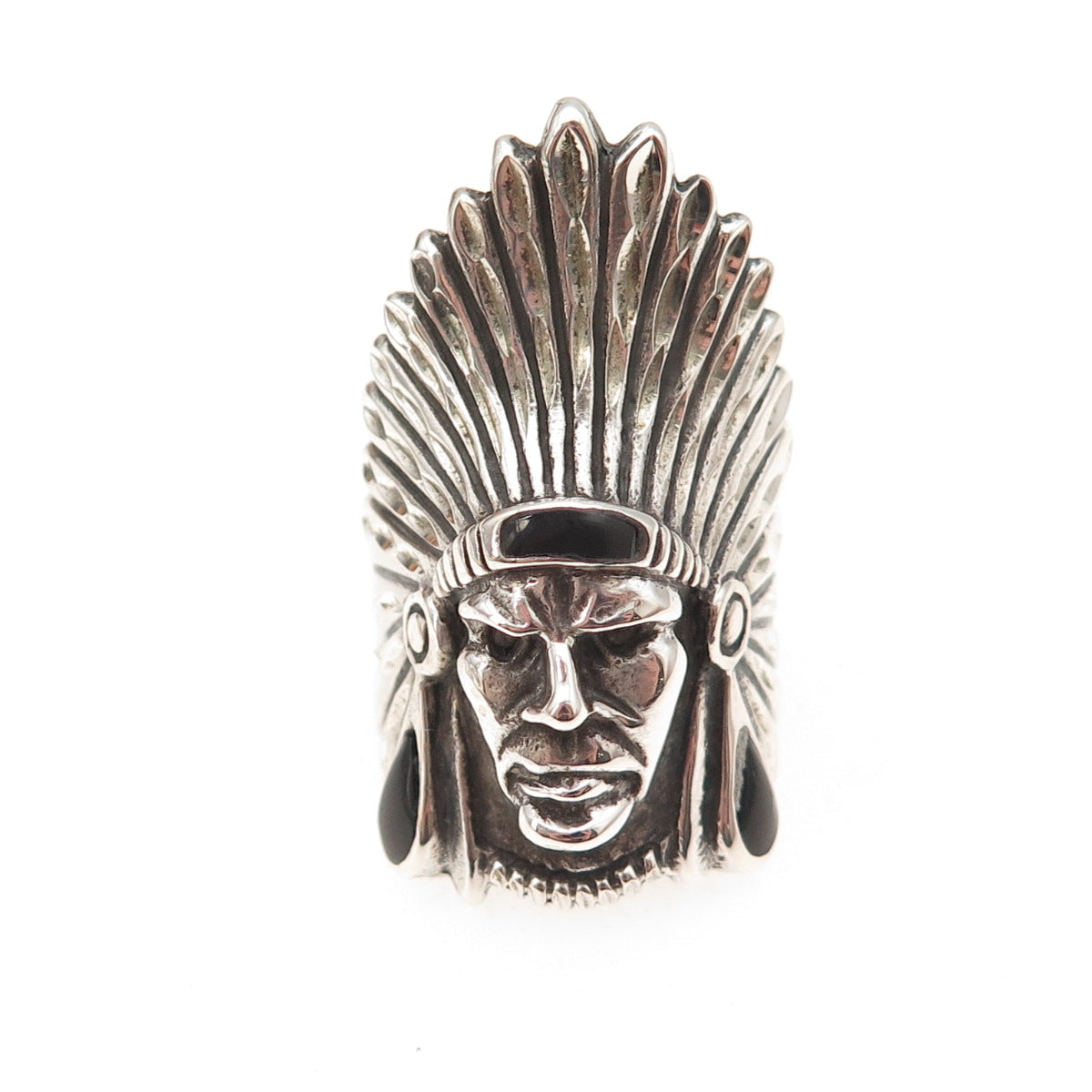 Ted Ott 925 Sterling Silver Vintage Real Black Onyx Indian Chief Ring Size 5.75