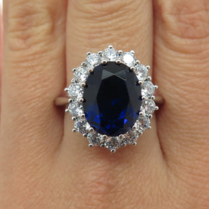 925 Sterling Silver Oval-Cut Blue & Round-Cut White C Z Ring Size 10