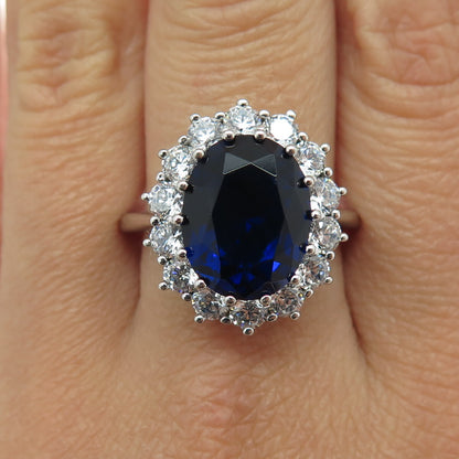 925 Sterling Silver Oval-Cut Blue & Round-Cut White C Z Ring Size 10
