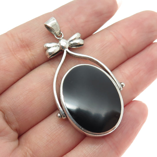 925 Sterling Silver Vintage Mother-of-Pearl Black Onyx Gem Double Sided Pendant