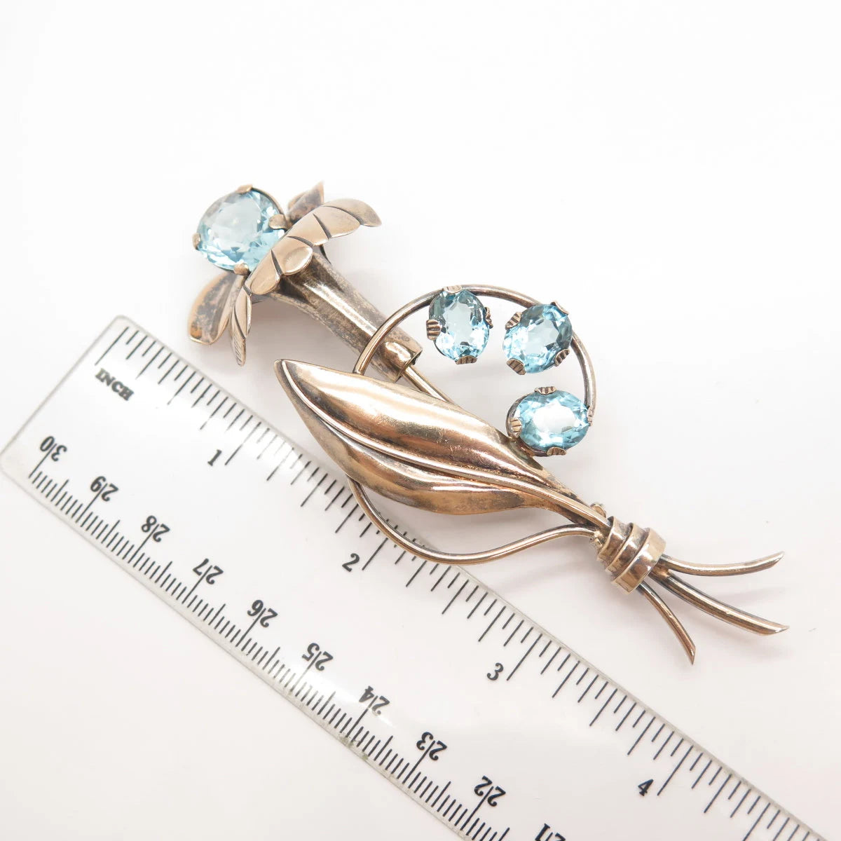 925 Sterling Silver Vintage EYF Blue Topaz-Tone Glass Floral Leaf Pin Brooch