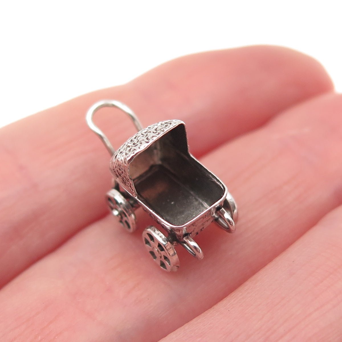 925 Sterling Silver Vintage Baby Stroller Oxidized 3D Mini Charm Pendant