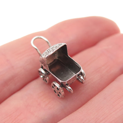 925 Sterling Silver Vintage Baby Stroller Oxidized 3D Mini Charm Pendant