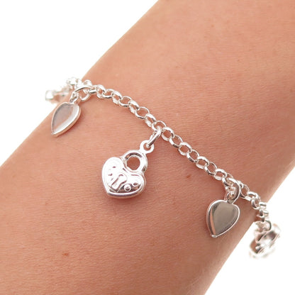 925 Sterling Silver Italy Heart Lock Dangle Charm Bracelet 6.75"