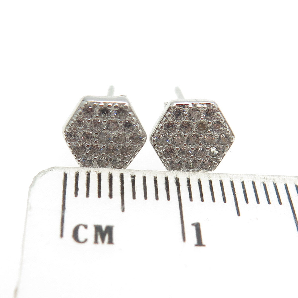 925 Sterling Silver Round-Cut C Z Hexagon Stud Earrings