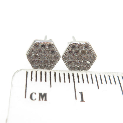 925 Sterling Silver Round-Cut C Z Hexagon Stud Earrings