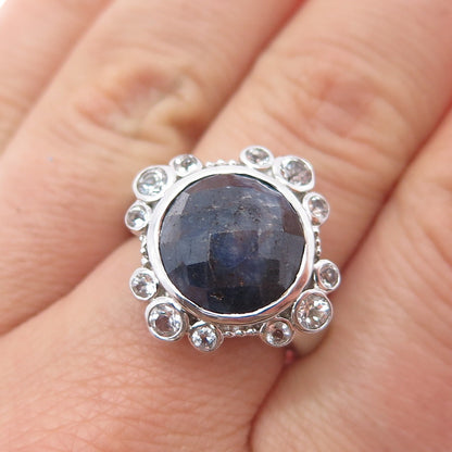 925 Sterling Silver Real Round-Cut Sapphire & White Topaz Ring Size 7