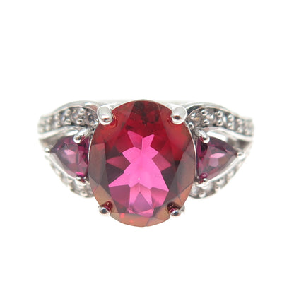 925 Sterling Silver Lab-Created Ruby Real White Topaz Tourmaline Ring Size 6.25