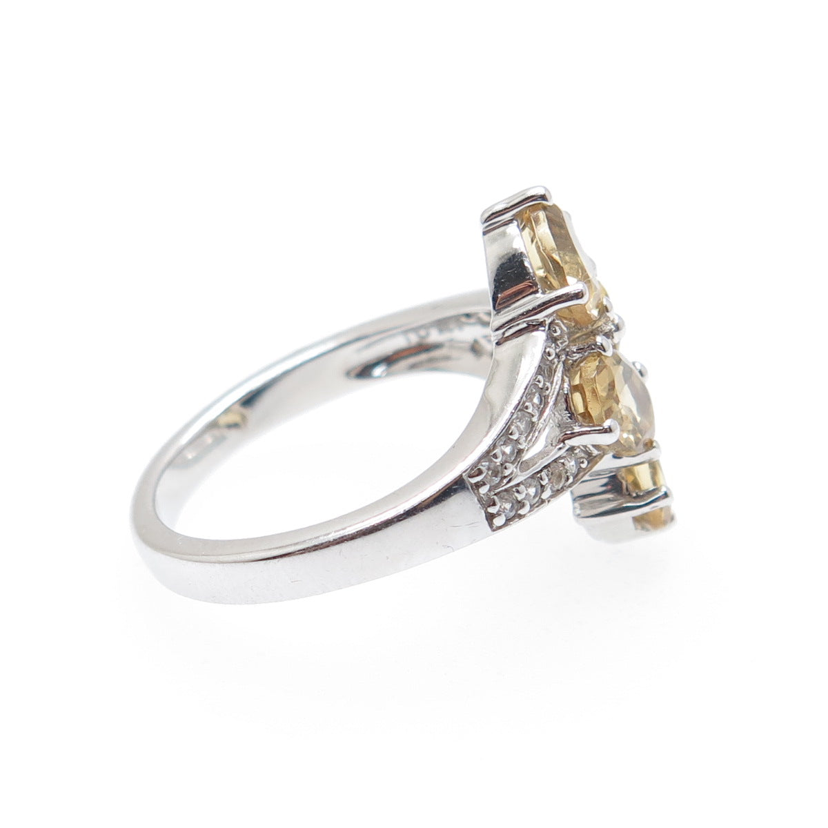 925 Sterling Silver Real Oval-Cut Citrine & White Topaz Bypass Ring Size 6.25