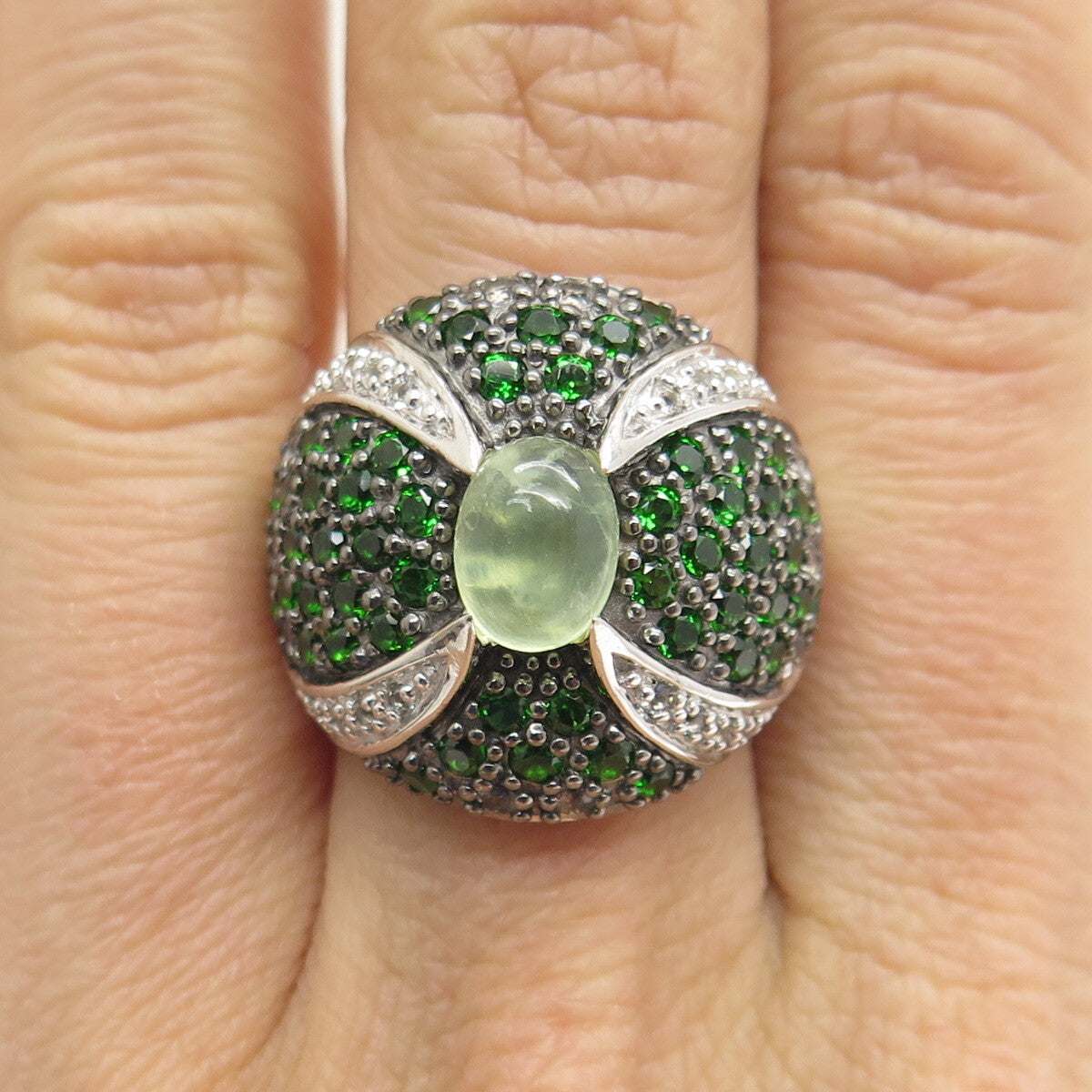 DSMK 925 Sterling Silver Real Prehnite Peridot & White Topaz Dome Ring Size 7.25