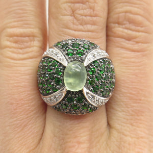 DSMK 925 Sterling Silver Real Prehnite Peridot & White Topaz Dome Ring Size 7.25