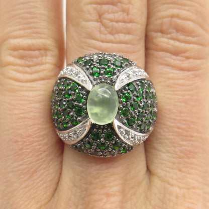 DSMK 925 Sterling Silver Real Prehnite Peridot & White Topaz Dome Ring Size 7.25