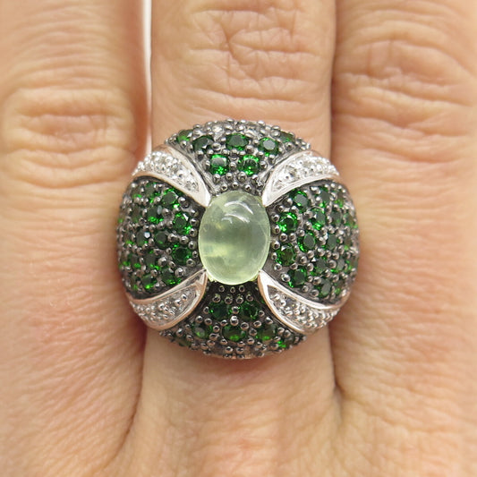 DSMK 925 Sterling Silver Real Prehnite Peridot & White Topaz Dome Ring Size 7.25